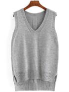 Romwe V Neck Dip Hem Split Grey Vest Sweater