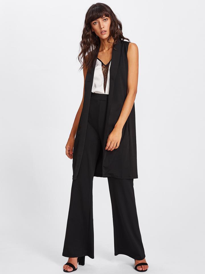 Romwe Sleeveless Foldover Neck Blazer With Pants