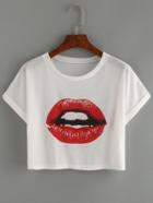 Romwe White Lipstick Print Cuffed T-shirt
