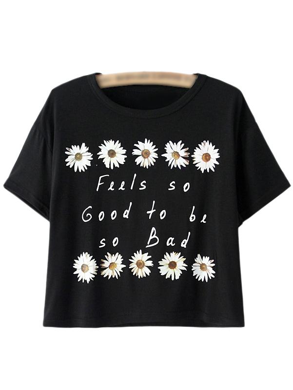 Romwe Black Short Sleeve Letter Daisy Print T-shirt