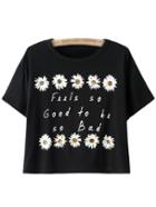 Romwe Black Short Sleeve Letter Daisy Print T-shirt