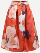 Romwe Flower Print Box Pleated Midi Skirt - Orange