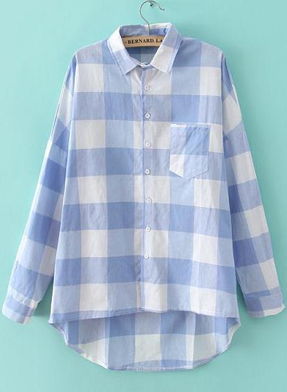 Romwe Check Print Dip Hem Pocket Blue Blouse