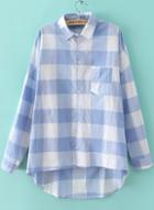 Romwe Check Print Dip Hem Pocket Blue Blouse