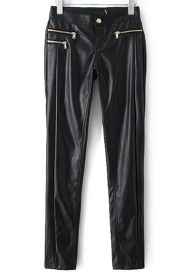 Romwe Black Slim Zipper Pu Pant