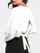 Romwe White Open Tie Bow Back Long Sleeve T-shirt