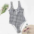 Romwe Tie Front Checker One Piece Swimwear