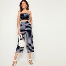 Romwe Stripe Print Bandeau With Capris Wide Leg Pants