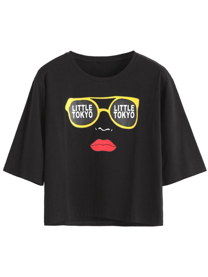 Romwe Black Printed Crop T-shirt