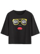 Romwe Black Printed Crop T-shirt