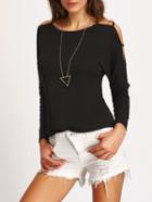 Romwe Black Long Sleeve Hollow Out T-shirt