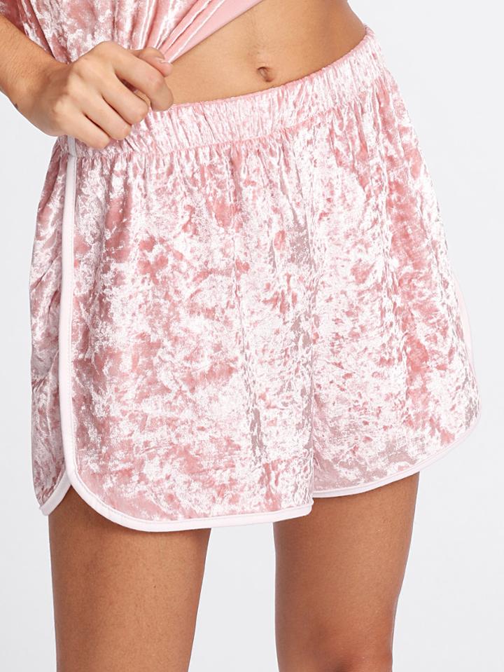 Romwe Velvet Elastic Waist Contrast Trim Shorts