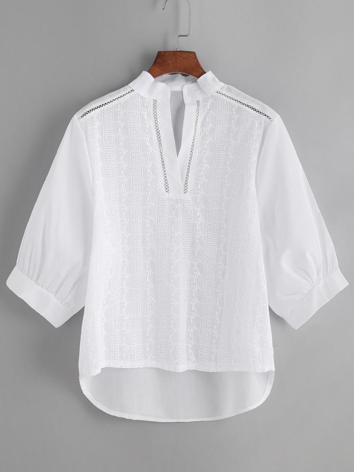 Romwe White High Low Crochet Detail Blouse
