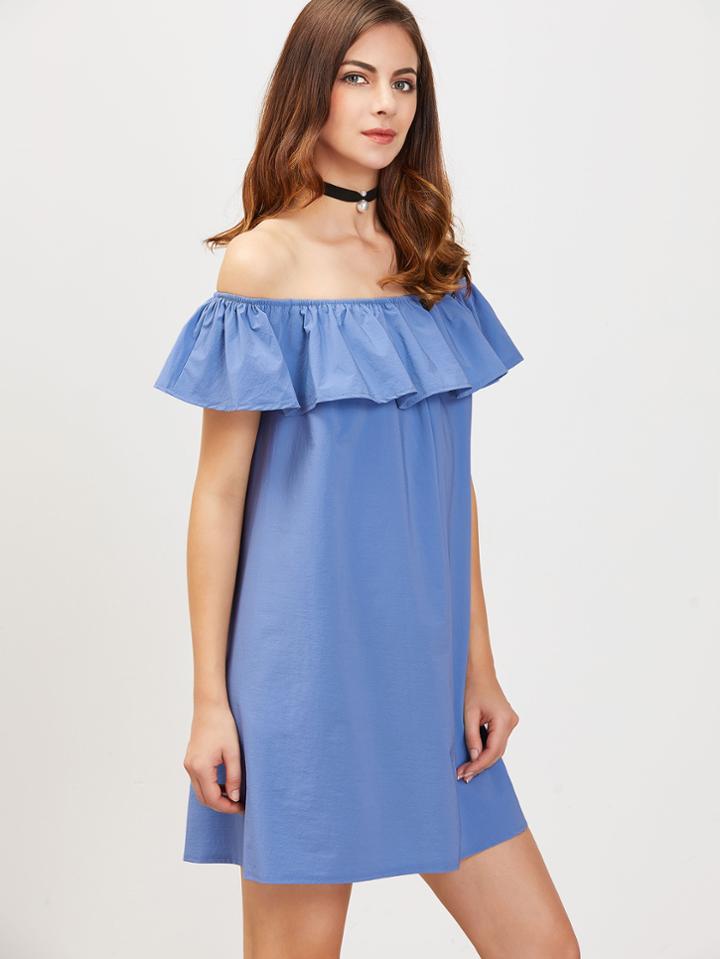 Romwe Blue Off The Shoulder Ruffle Tunic Dress