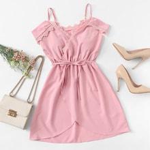 Romwe Contrast Lace Belted Wrap Dress