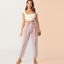 Romwe Paperbag Waist Striped Pants