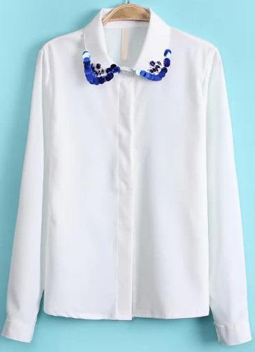 Romwe White Lapel Long Sleeve Sequined Chiffon Blouse