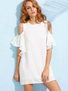 Romwe White Open Shoulder Ruffle Sleeve Shift Dress