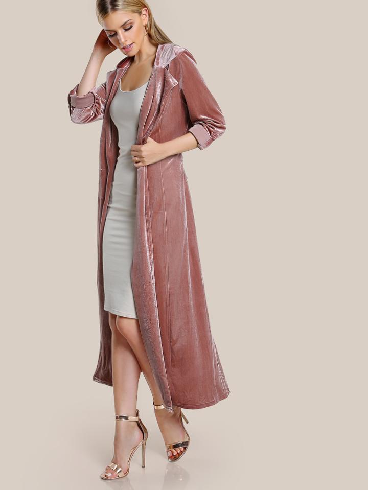 Romwe Roll Tab Sleeve Belted Velvet Duster Coat