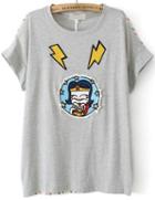 Romwe Cartoon Lightning Pattern Grey T-shirt