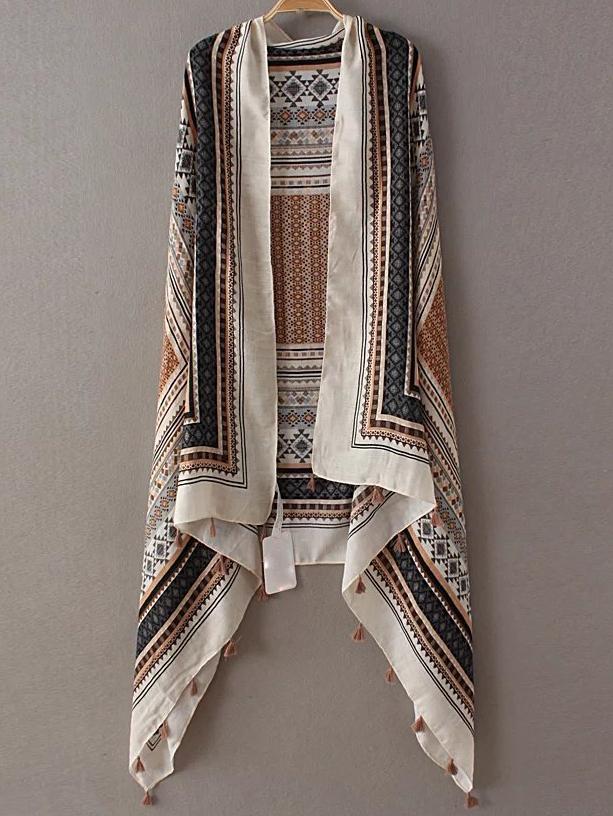 Romwe Coffee Printed Asymmetric Tassel Scarf