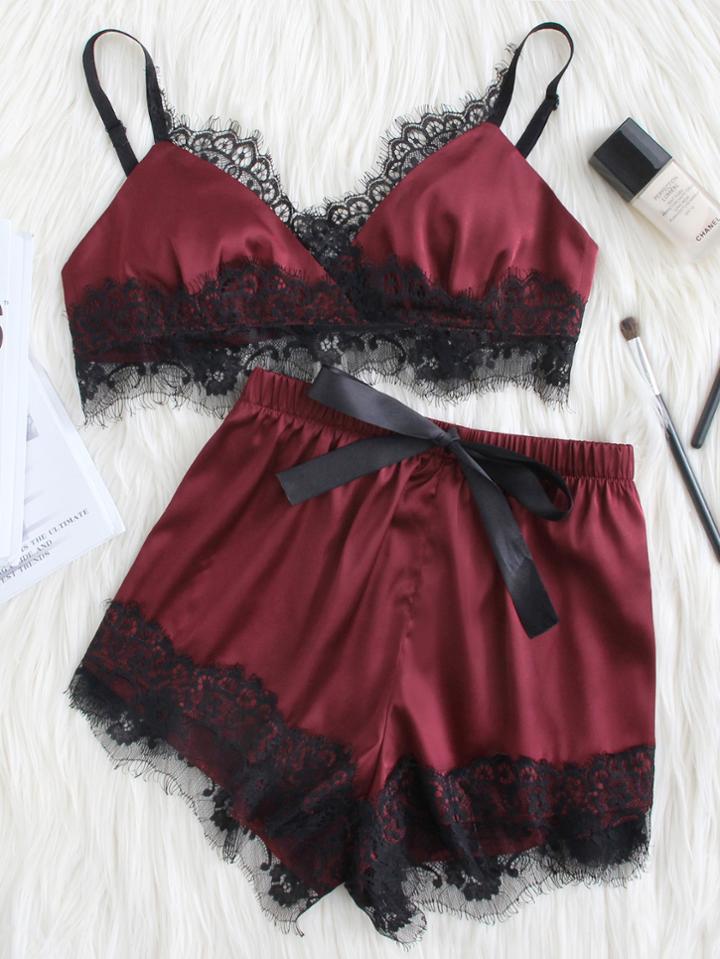 Romwe Lace Trim Satin Bralette & Shorts Pj Set