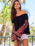 Romwe Black Ruffle Off The Shoulder Embroidered Bell Sleeve Top