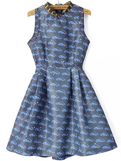 Romwe Car Print Cut Out Flare Navy Dress