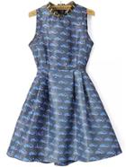 Romwe Car Print Cut Out Flare Navy Dress