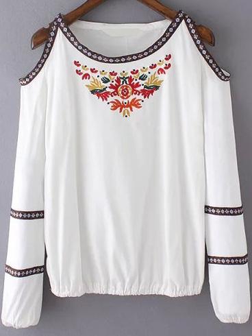 Romwe Open Shoulder Florals Embroidered White Top