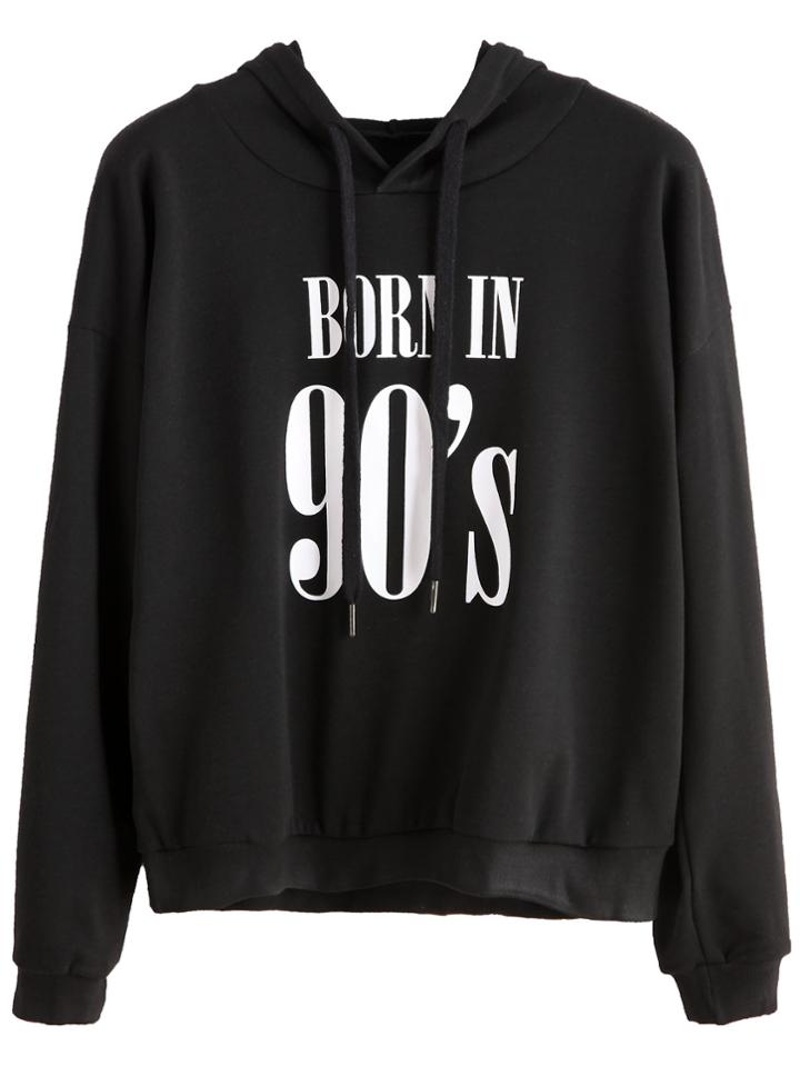 Romwe Black Letters Print Hooded Sweatshirt