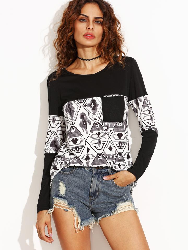 Romwe Black Contrast Print Patch Pocket T-shirt