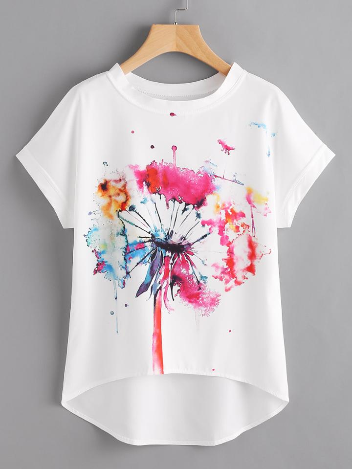 Romwe Watercolor Painting Print Dip Hem Chiffon Top