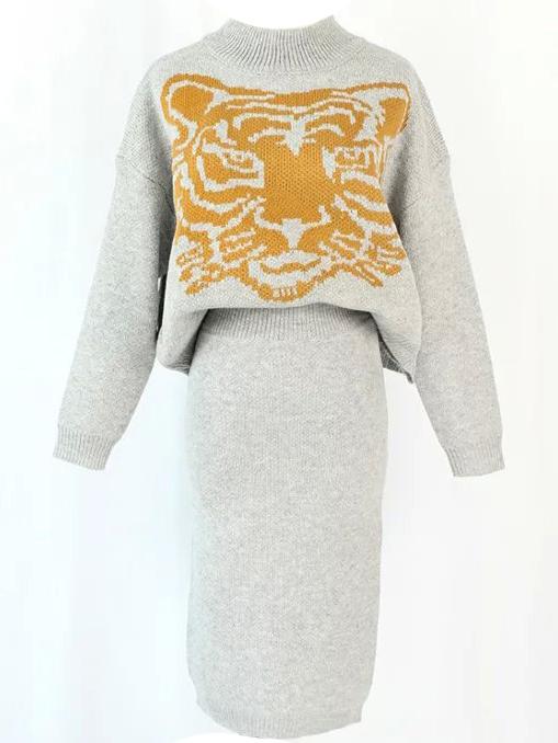 Romwe Tiger Print Top With Knit Fitted Grey Skirt