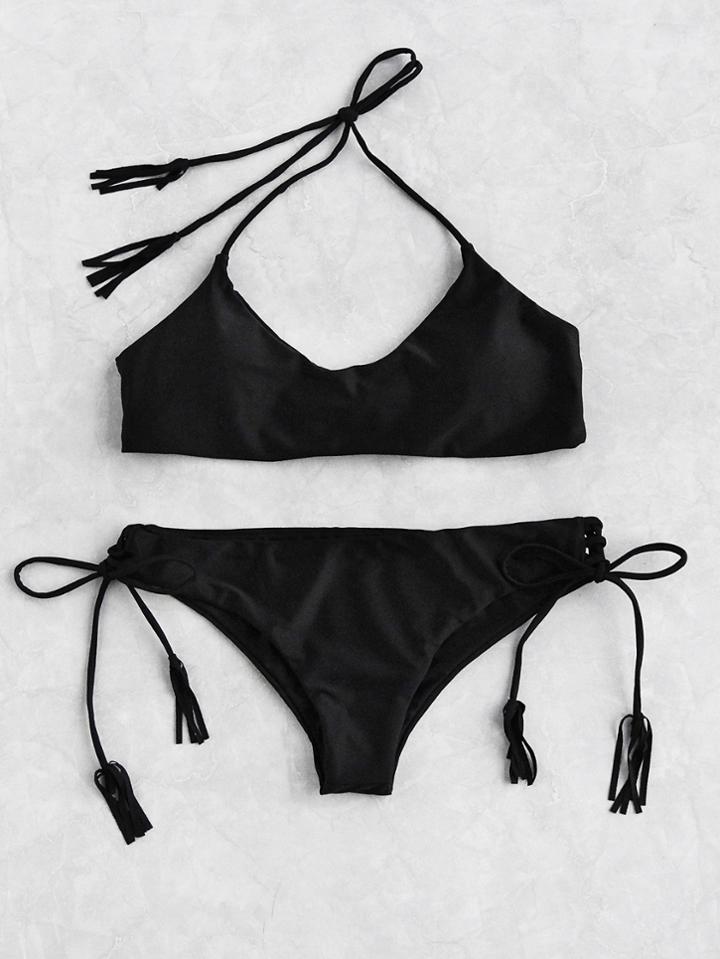 Romwe Tassel Tie Halter Bikini Set
