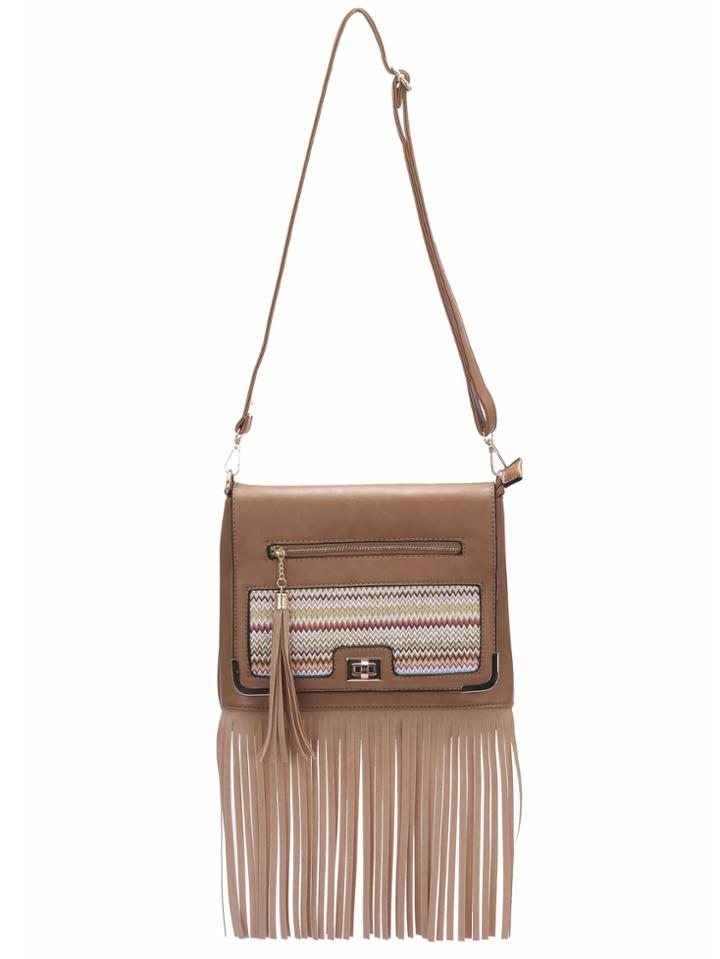 Romwe Khaki Twist Lock Braided Cross Body Bag