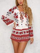 Romwe Red Flower Print Lace Up Romper
