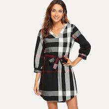 Romwe Plaid Self Tie Waist Dress