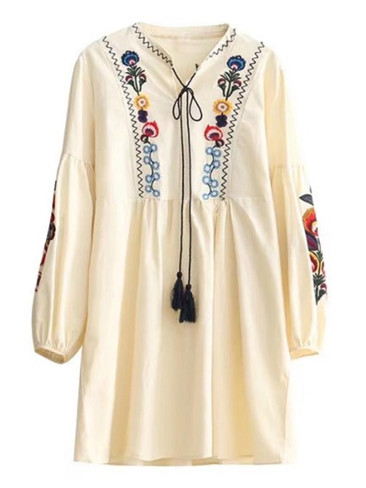Romwe Tassel Tie Neck Embroidered Smock Dress