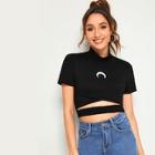 Romwe Moon Print Cut Out High Neck Tee