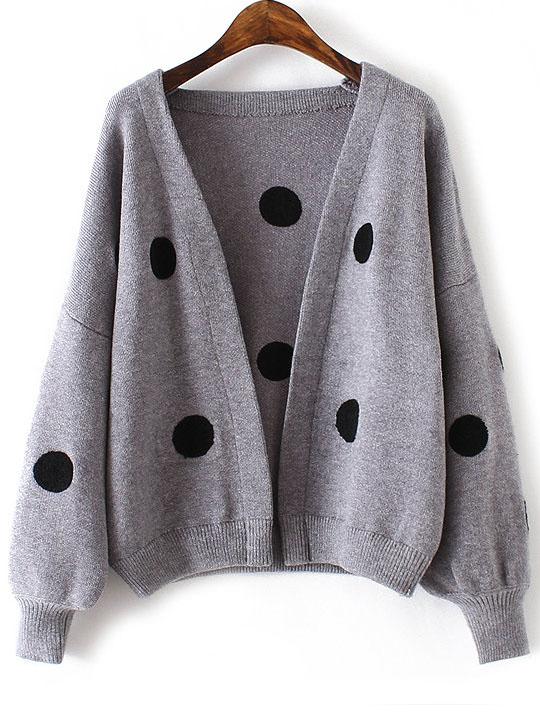 Romwe Grey Polka Dot Lantern Sleeve Open Front Sweater Coat