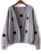 Romwe Grey Polka Dot Lantern Sleeve Open Front Sweater Coat