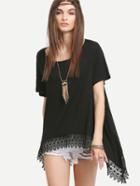 Romwe Black Lace Hem Asymmetrical T-shirt