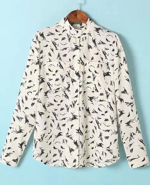 Romwe White Stand Collar Graffiti Print Blouse