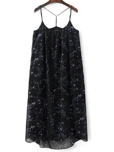 Romwe Black Spaghetti Strap Starry Sky Printed Dress
