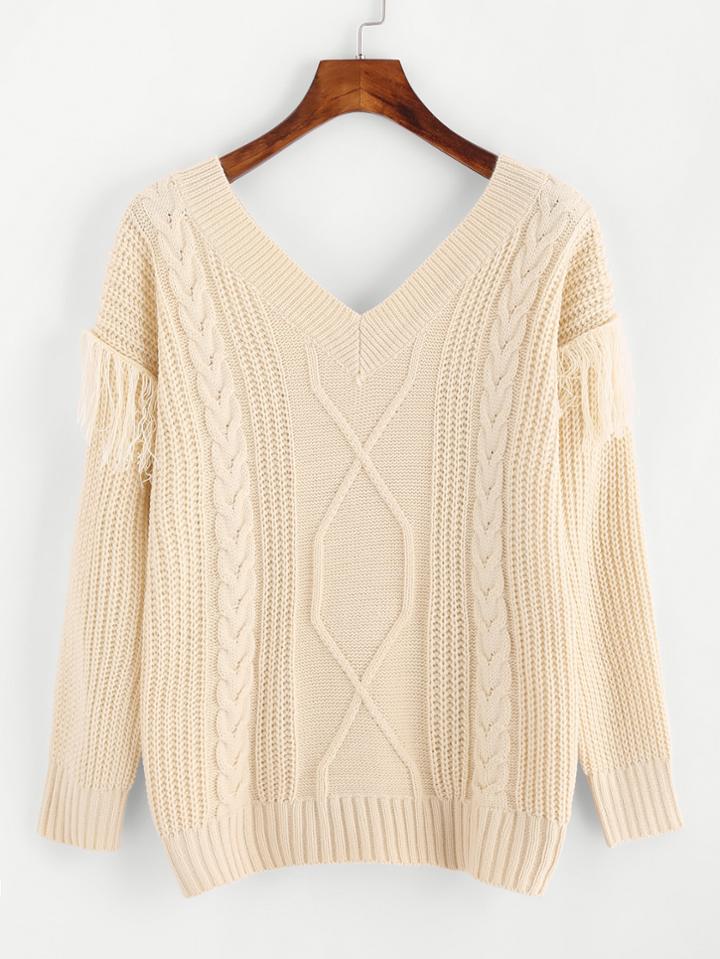 Romwe V Neckline Fringe Trim Cable Knit Sweater