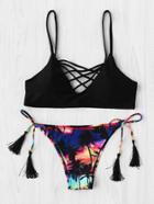Romwe Palm Tree Print Criss Cross Bikini Set