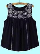 Romwe Black Embroidered Tank Top