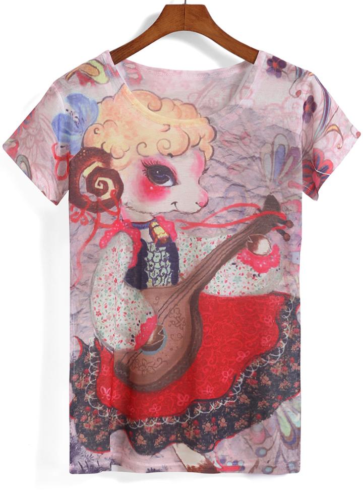 Romwe Round Neck Sleep Print T-shirt