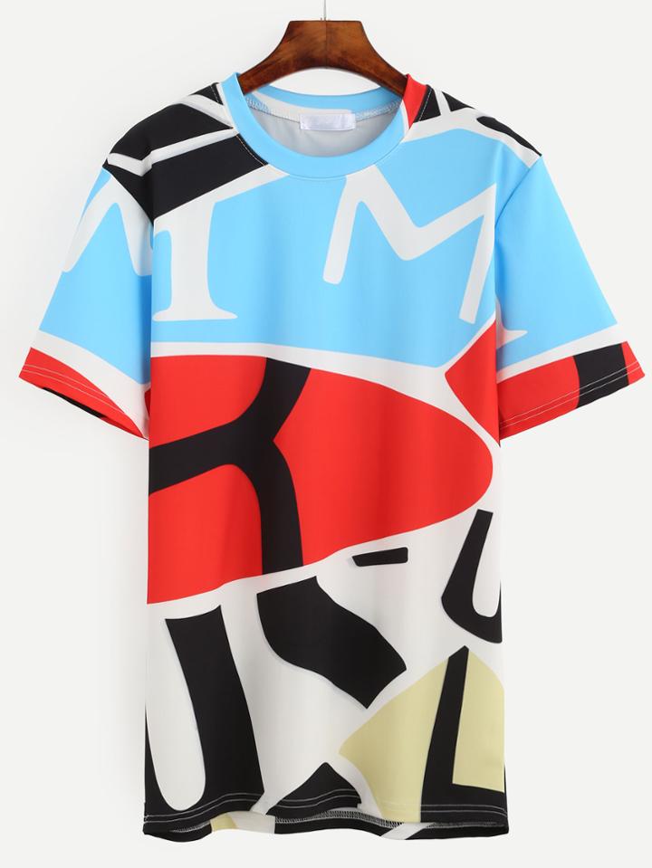 Romwe Color Block Abstract Print T-shirt